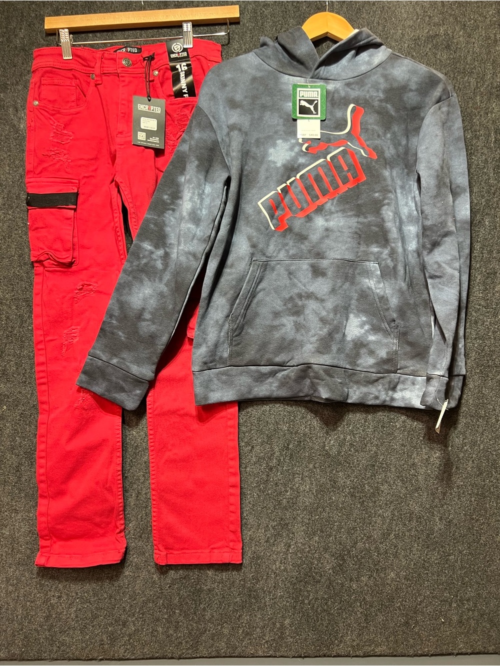 Puma Tie-Dye Hoodie (size L 14-16) with Encrypted Red Cargo Pants (Size 16)